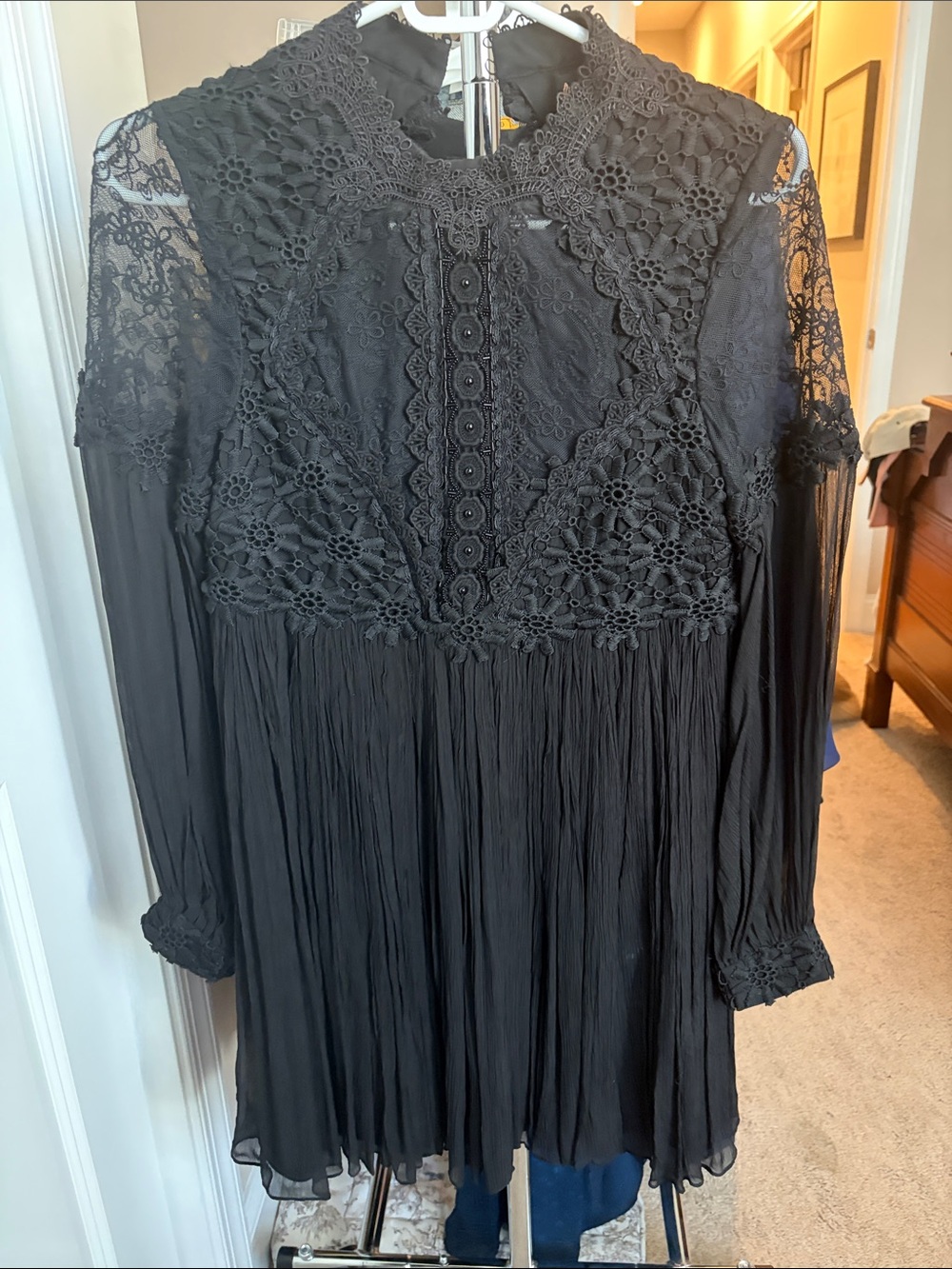 Free People Black Lace Long-Sleeve Pleated Dress